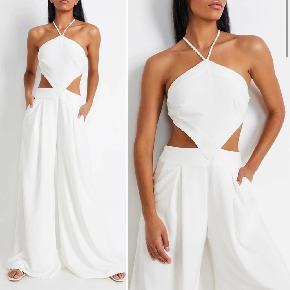 PatBo White Halter Neck Cutout Wide Leg Jumpsuit Size 2 - Picture 4 of 12
